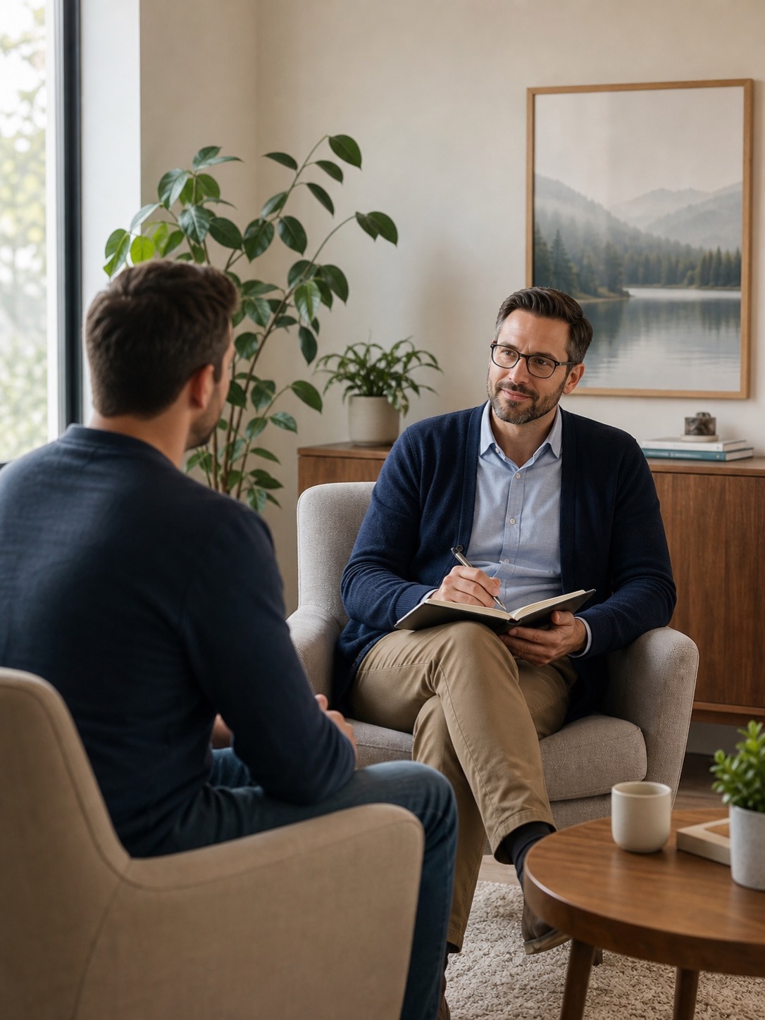 Counsellor and client in a calm, private therapy office in Langley BC